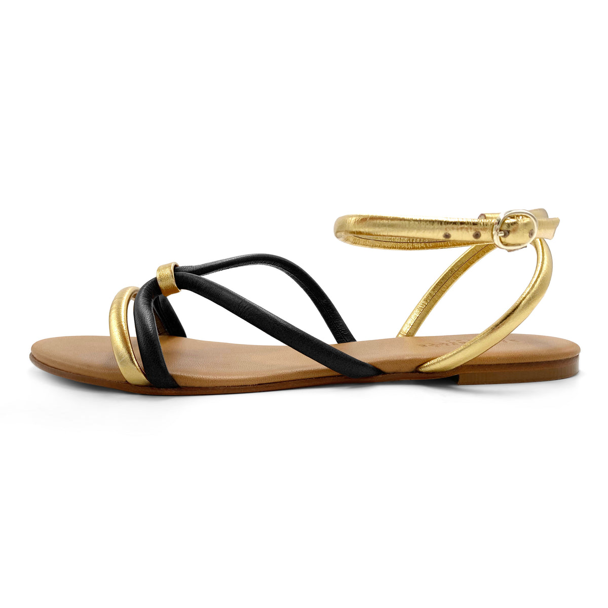 Flache Sandalen aus Leder in Schwarz und Gold