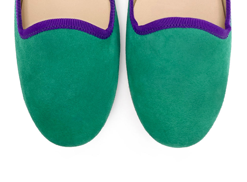 Slippers donna in camoscio verde smeraldo e dettagli viola
