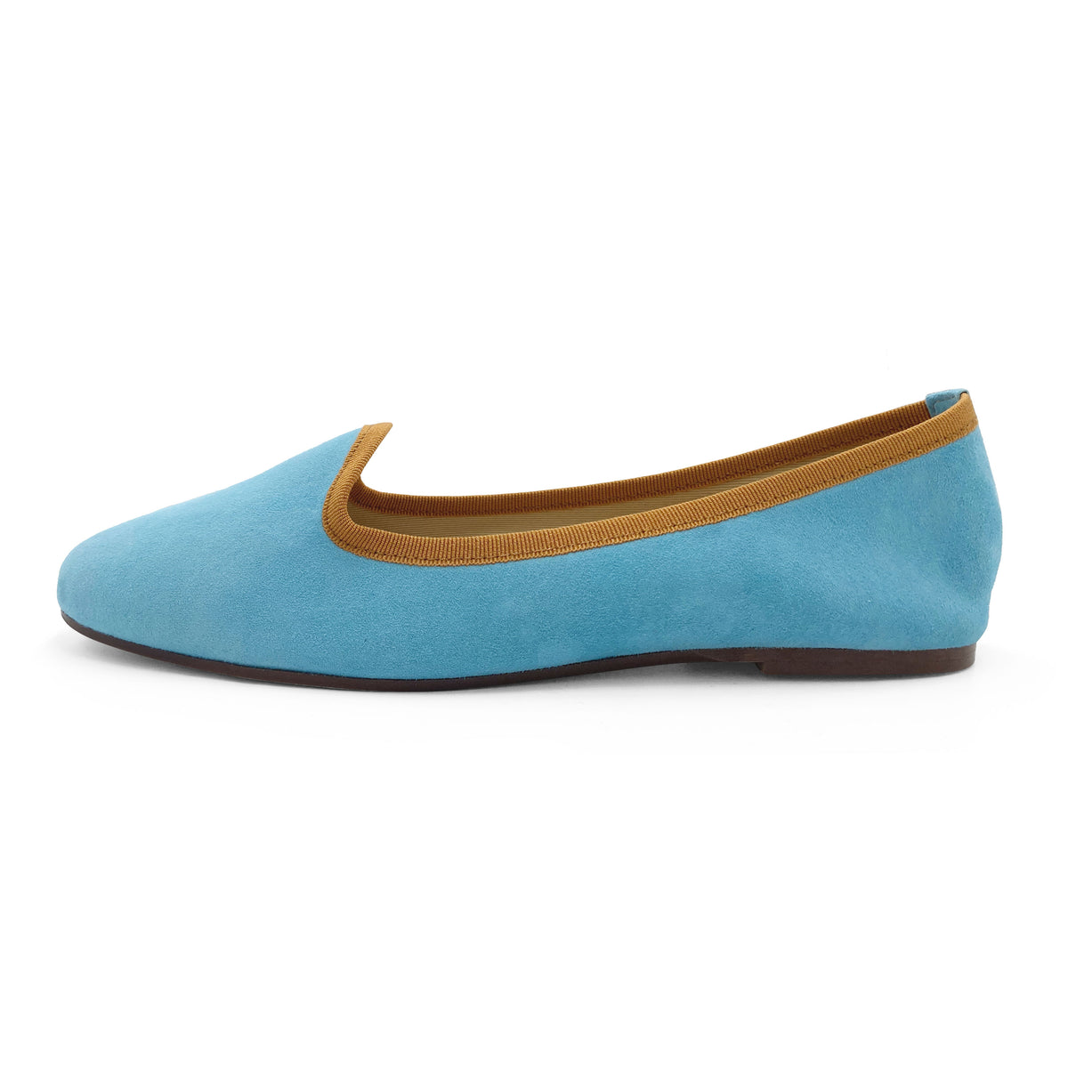 Slippers donna in camoscio celeste acqua e dettagli ocra