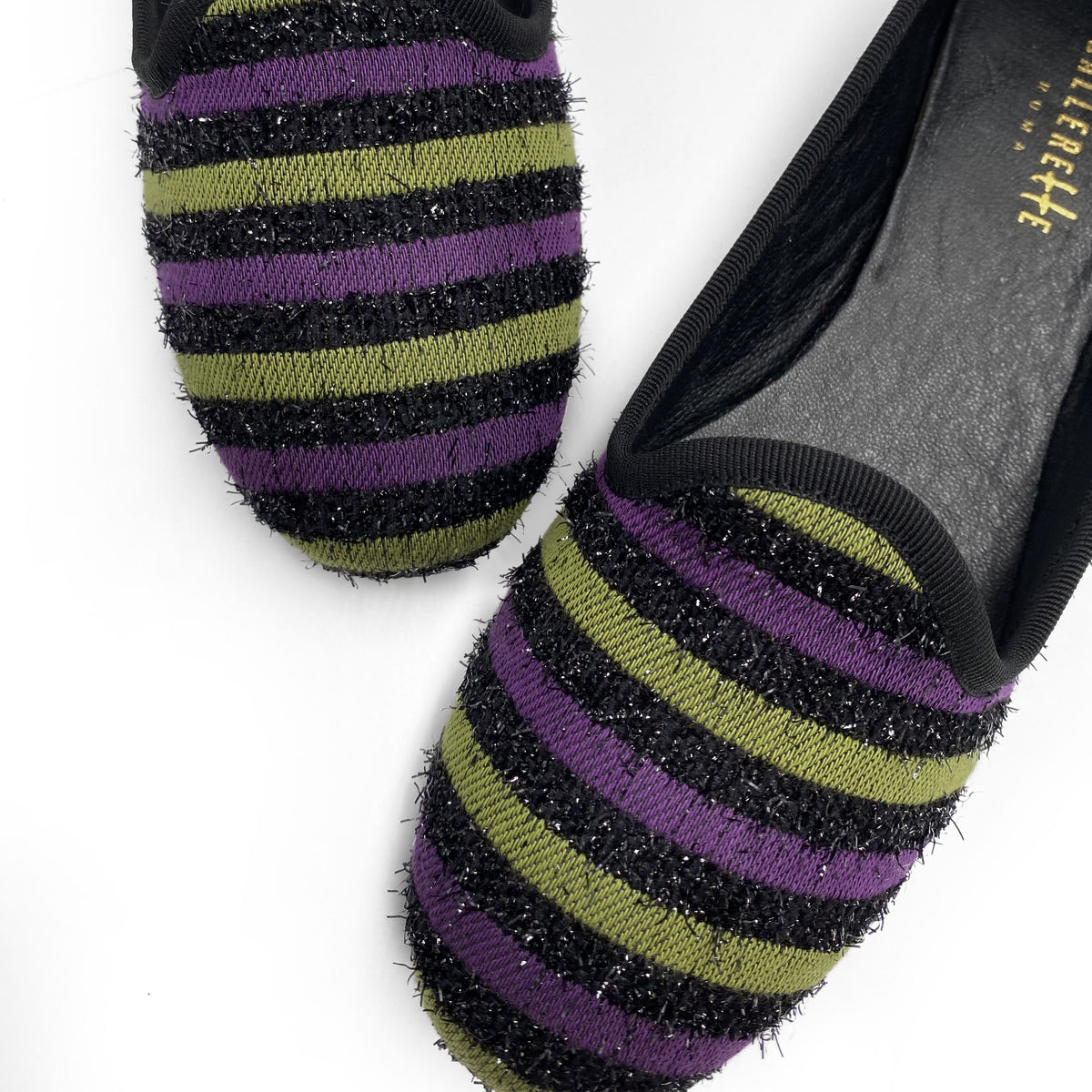 Slippers donna in tessuto a righe viola e verdi