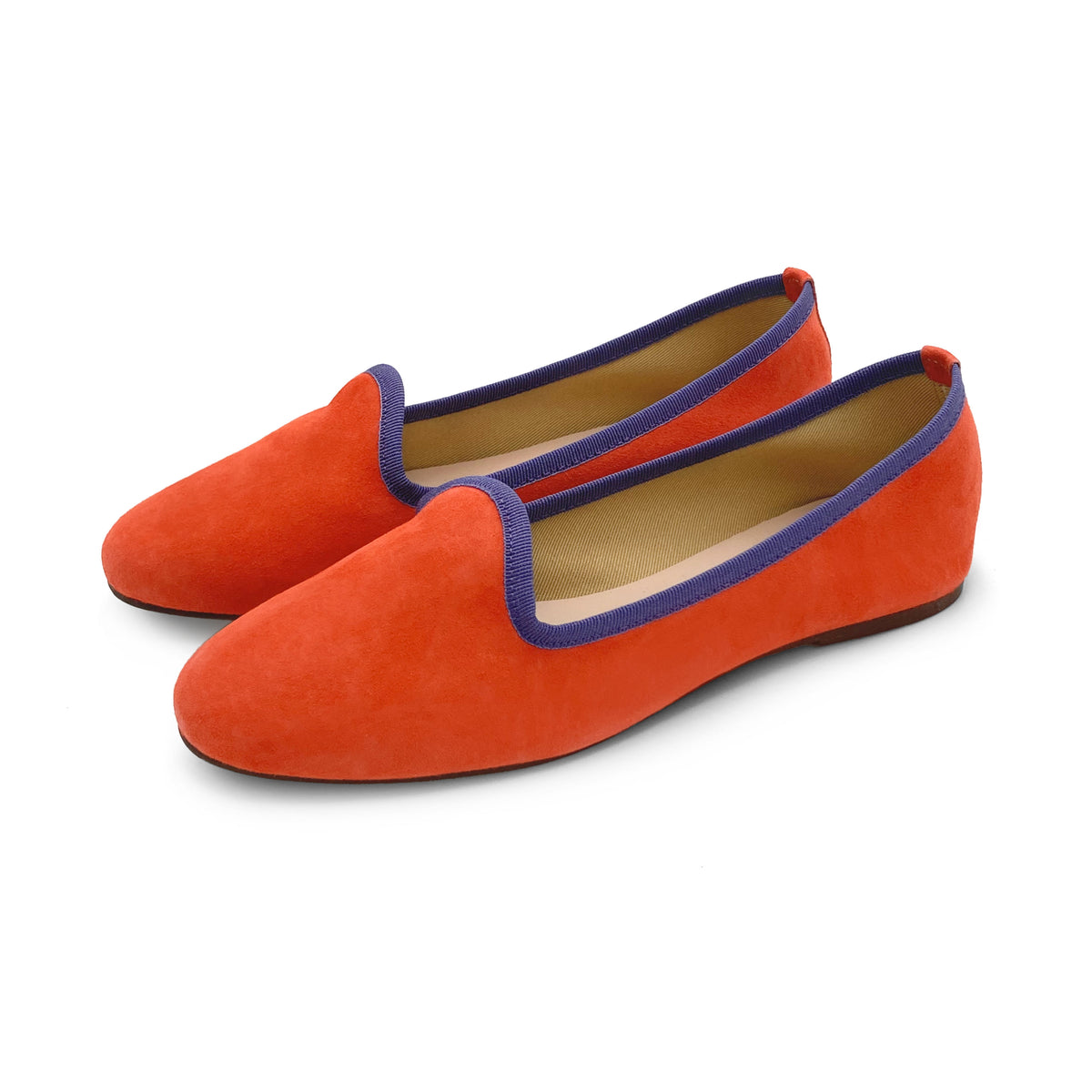 Damen-Loafers aus orangefarbenem Wildleder mit fuchsiafarbenen Details