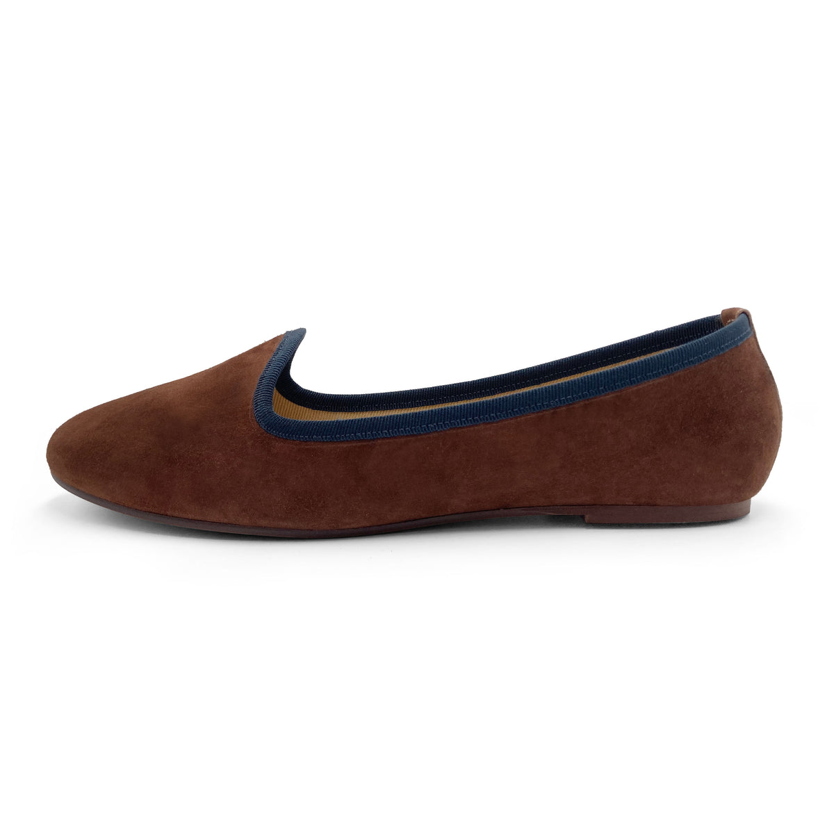 Slippers pour femmes en daim marron et détails bleu