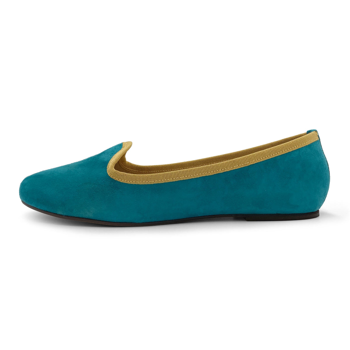 Slippers de mujer en ante azul petróleo con detalles mostaza