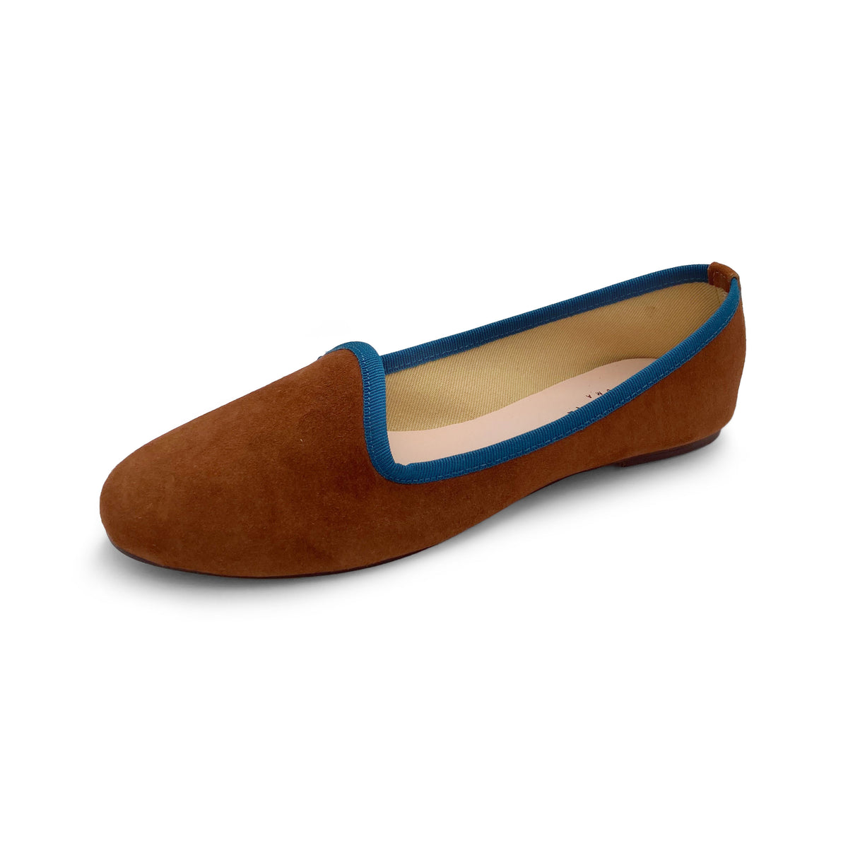Chaussons pour femmes en daim marron et détails bleus