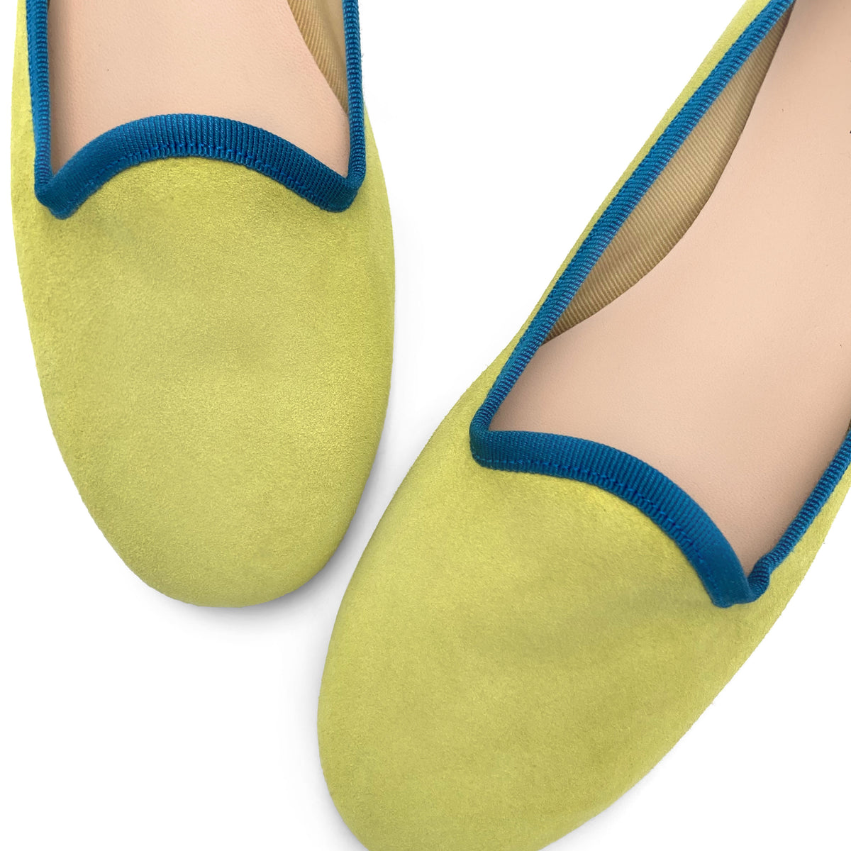 Damen-Loafers aus Wildleder in Limegrün mit Petrolblauen Details