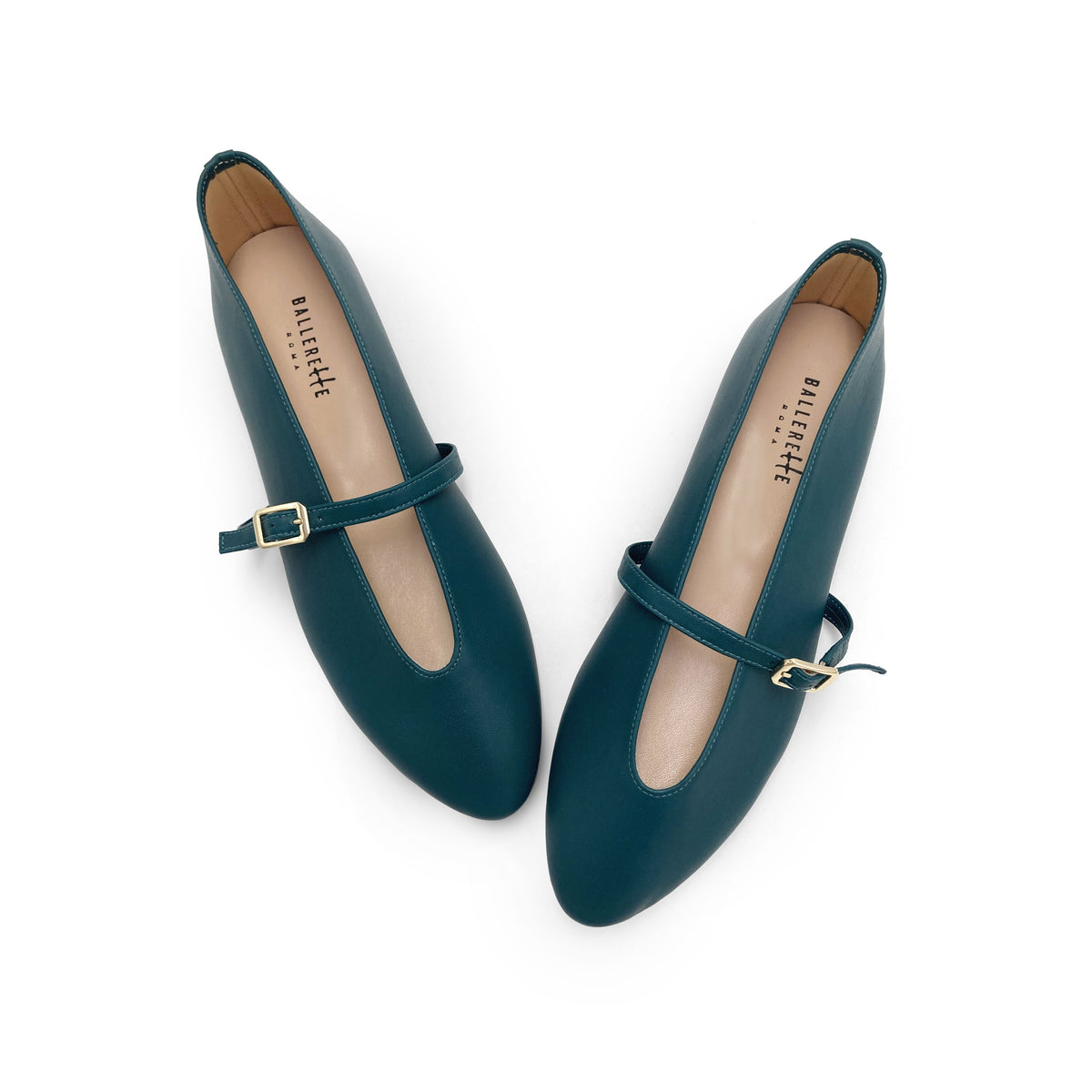 Ballerine blu petrolio in pelle con scollo a V e cinturino