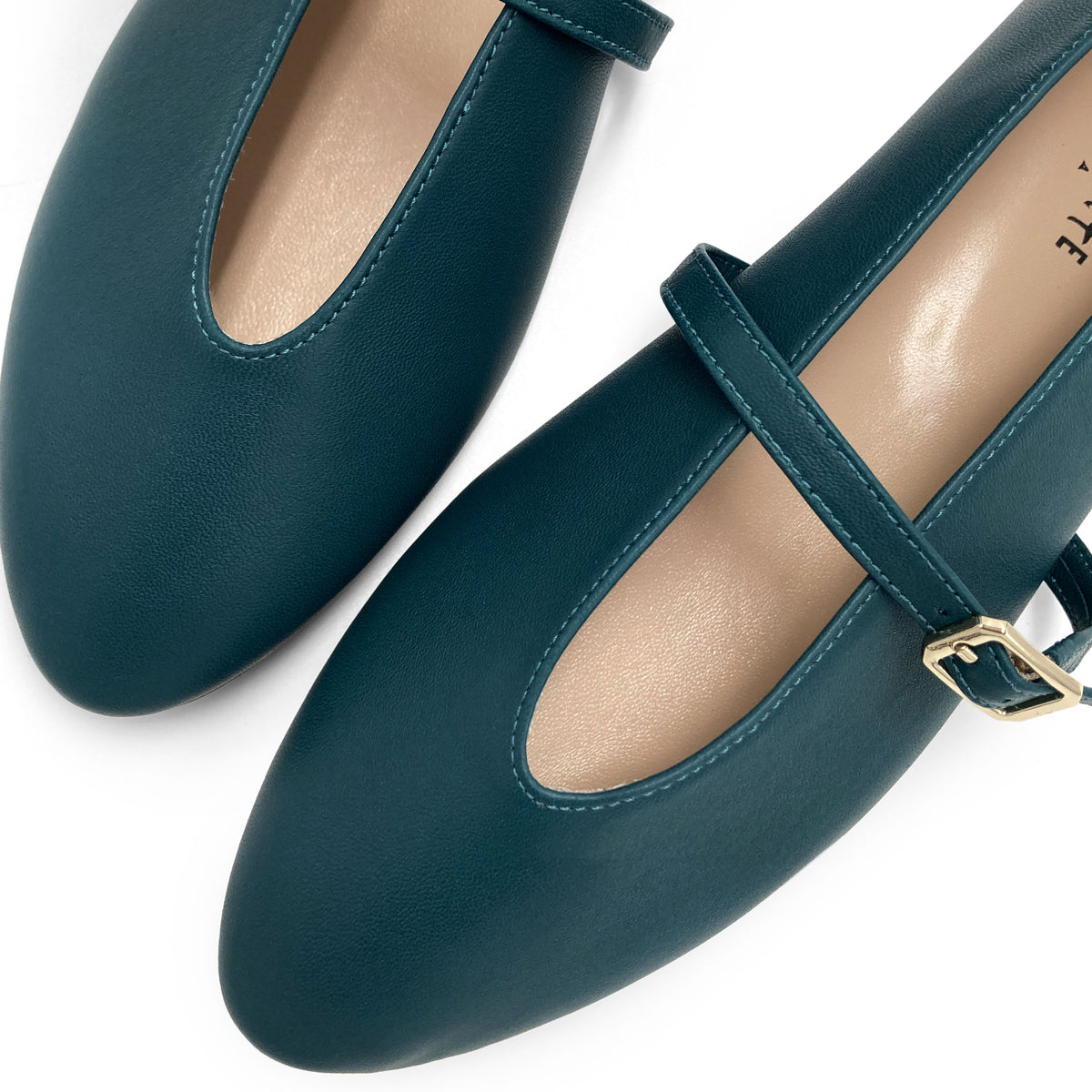 Petrolblaue Ballerinas aus Leder mit V-Ausschnitt und Riemchen