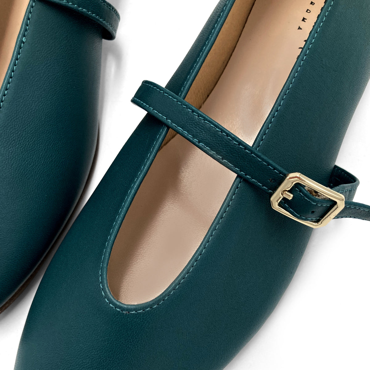 Petrolblaue Ballerinas aus Leder mit V-Ausschnitt und Riemchen