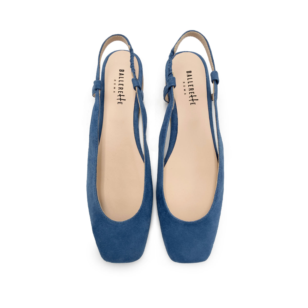 Ballerine slingback a punta quadrata azzurre ceruleo in camoscio