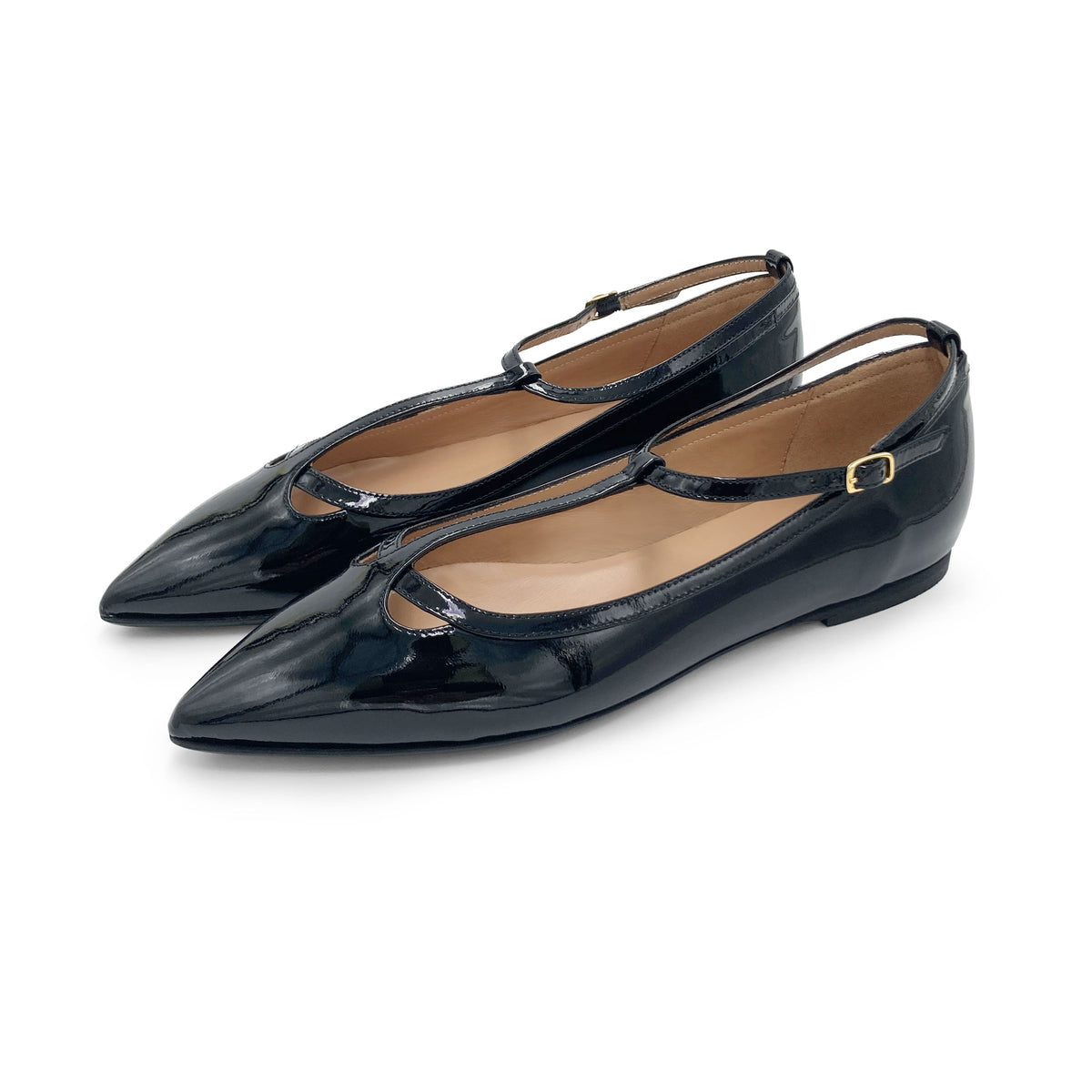 Ballerines pointues T-bar en cuir verni noir