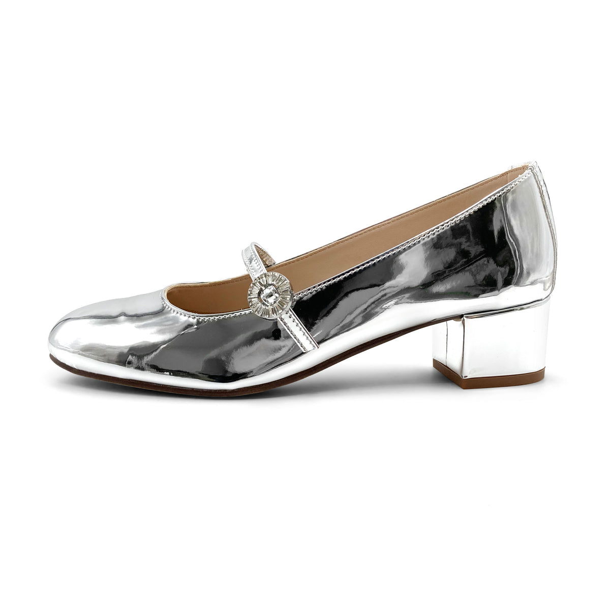 Spiegelnde-silberne Mary Jane Ballerinas mit Riemen und hohem Absatz