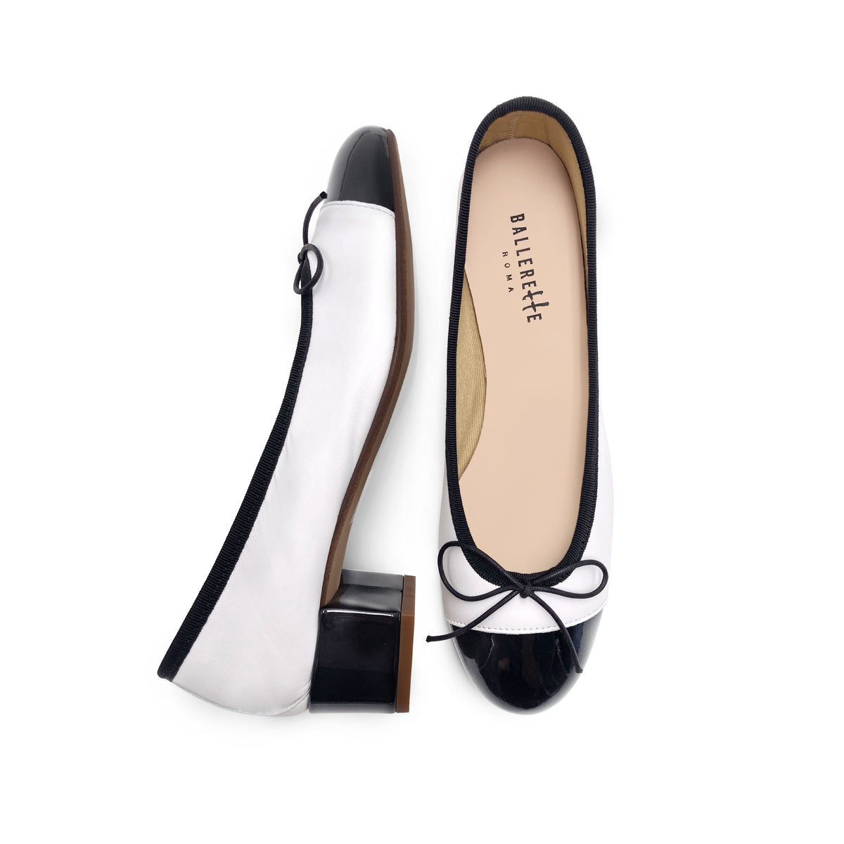 Ballerine bianche in pelle con tacco alto e punta in vernice