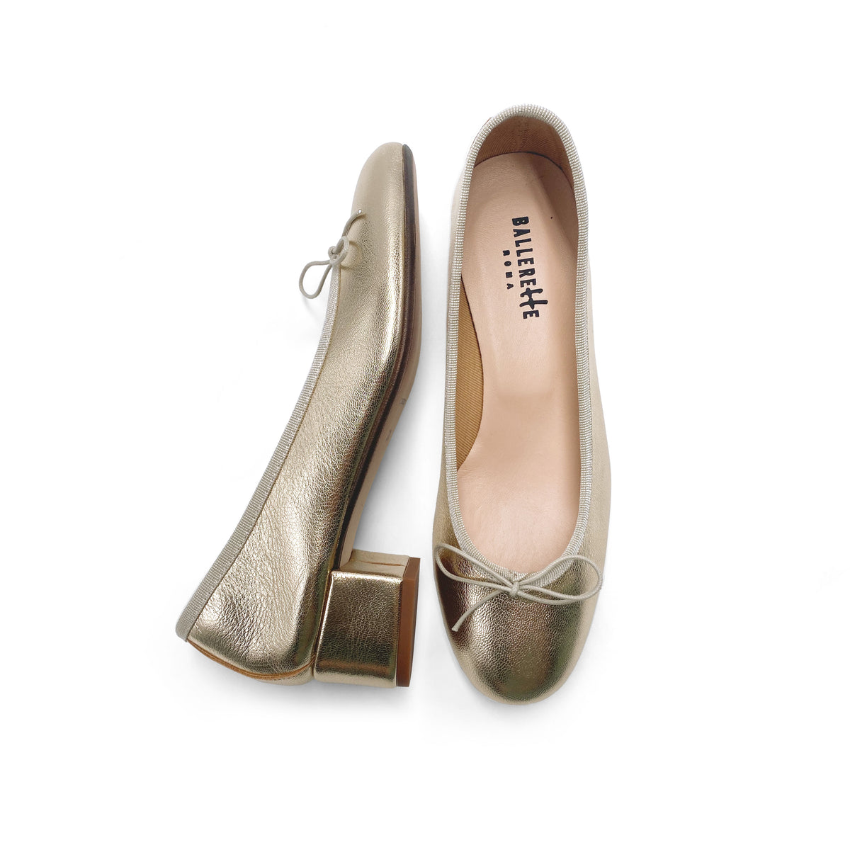 Platinum laminated leather ballet flat with heel