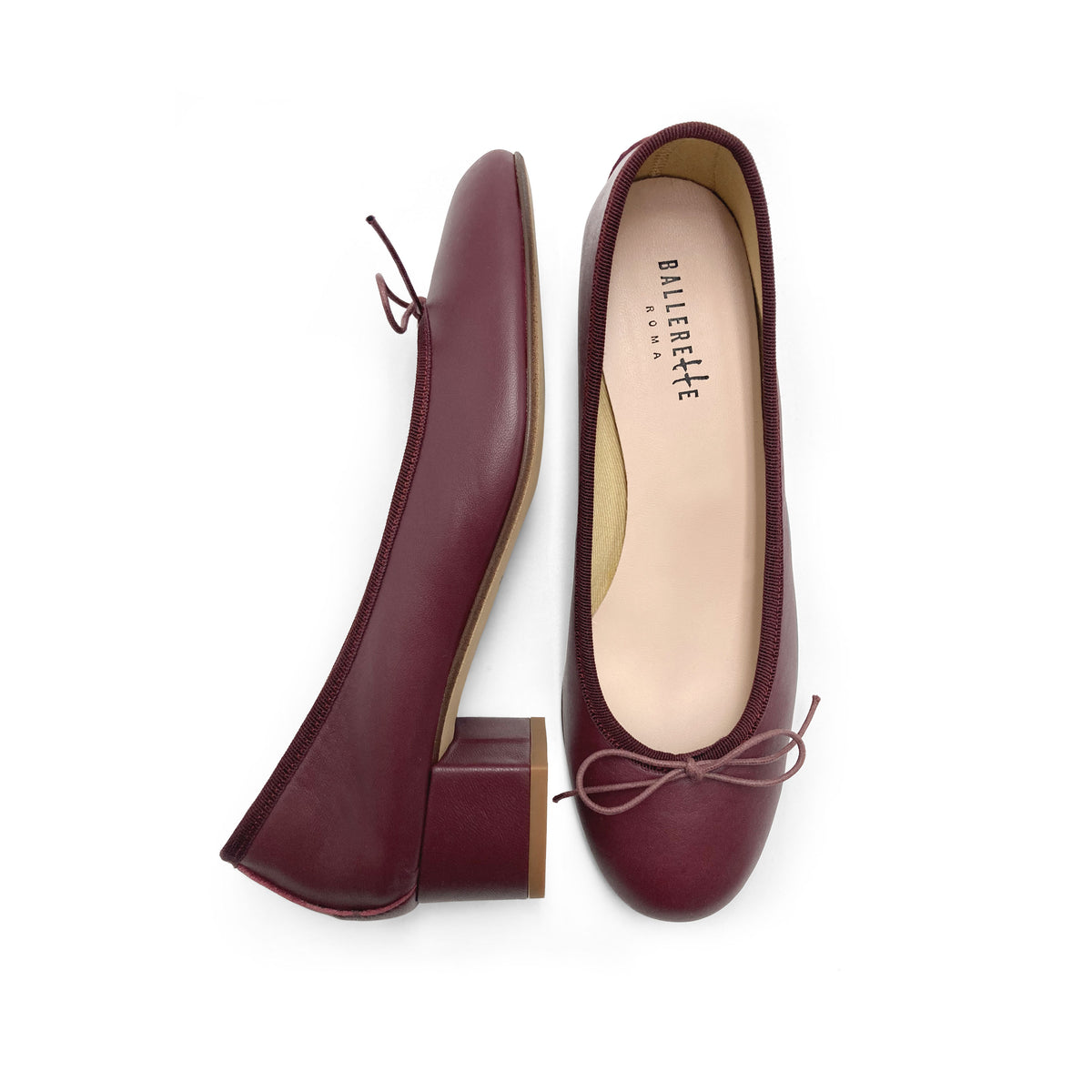 Burgundy leather ballet flats with heel