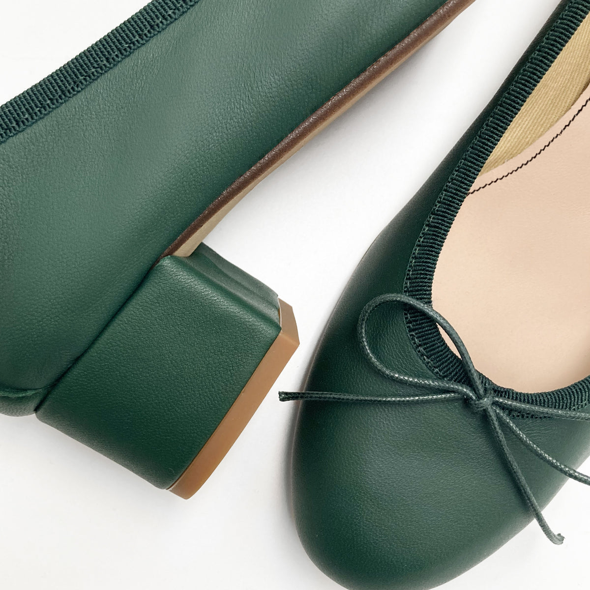 Bottle green leather ballet shoes with heels