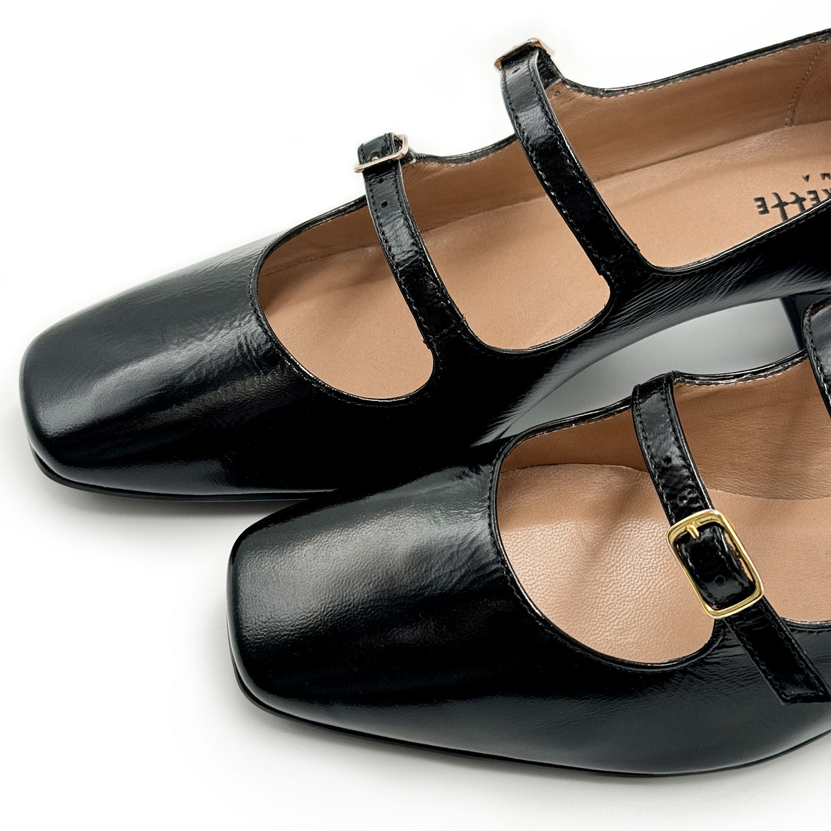 Ballerine Mary Jane nere lucide con punta quadrata e cinturini