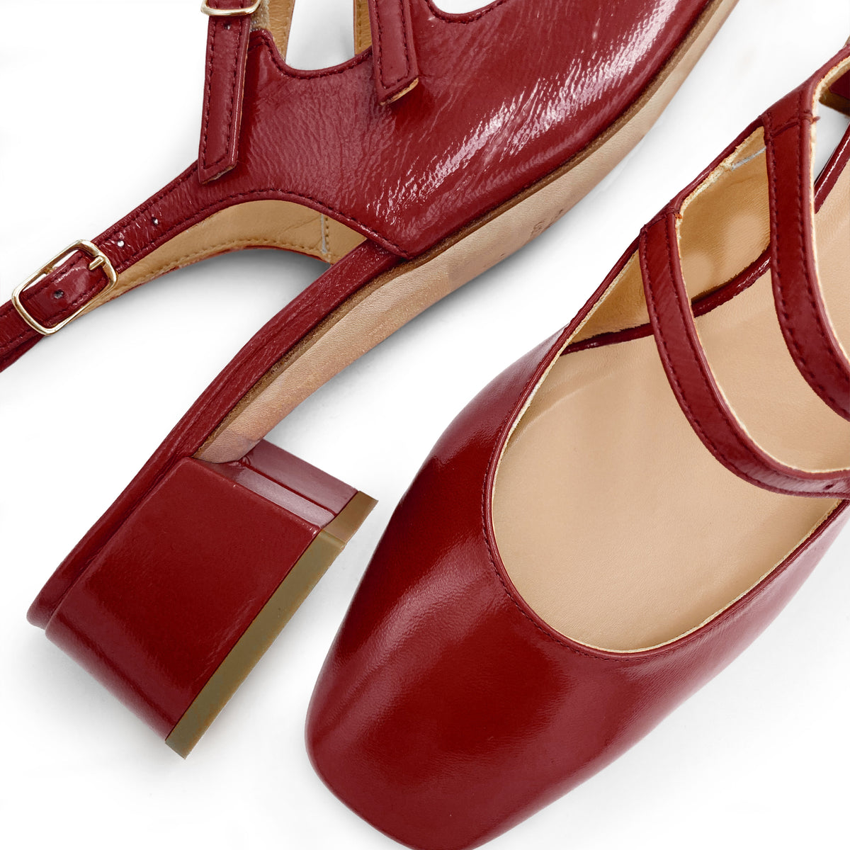 Red patent leather slingback ballet flats with heel
