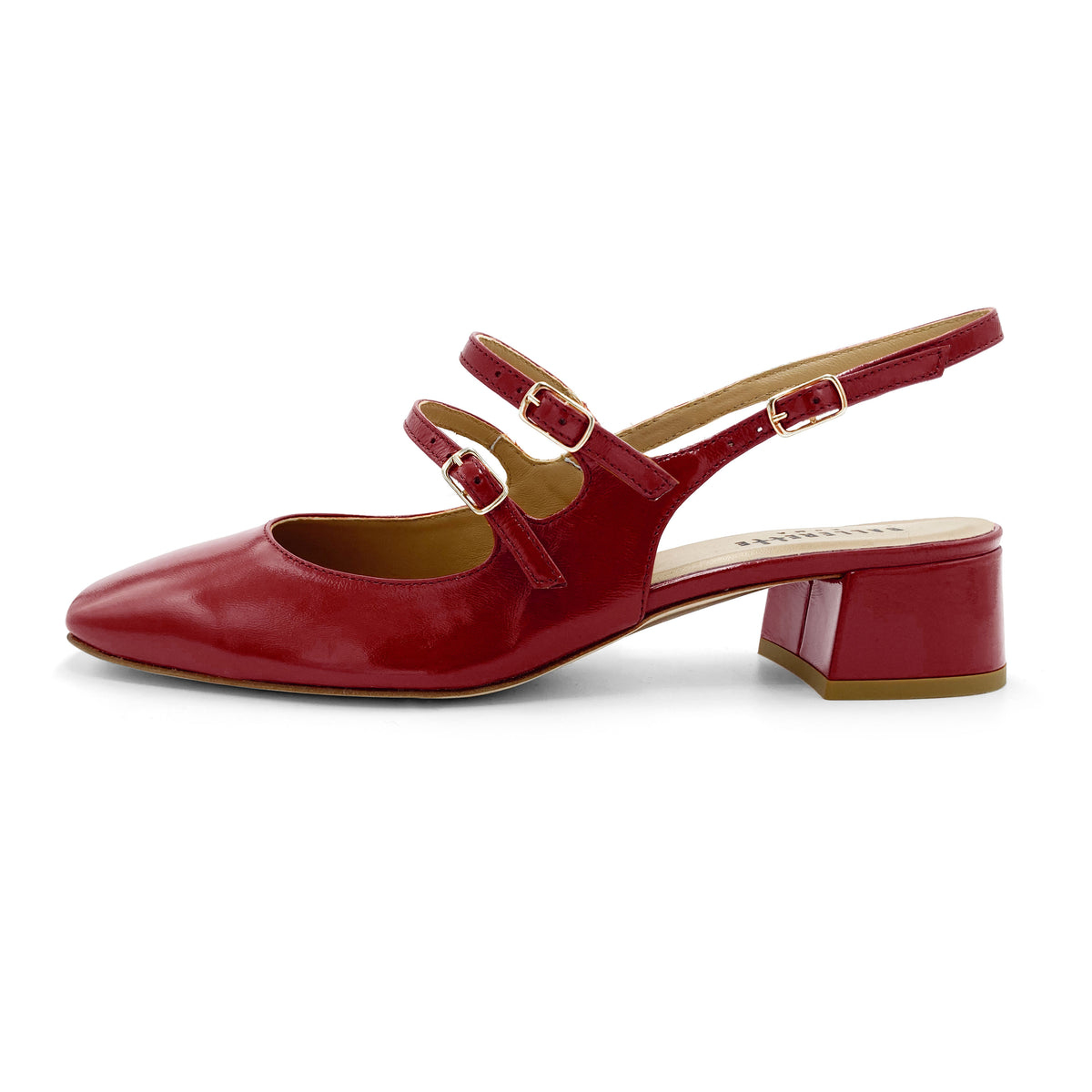 Red patent leather slingback ballet flats with heel