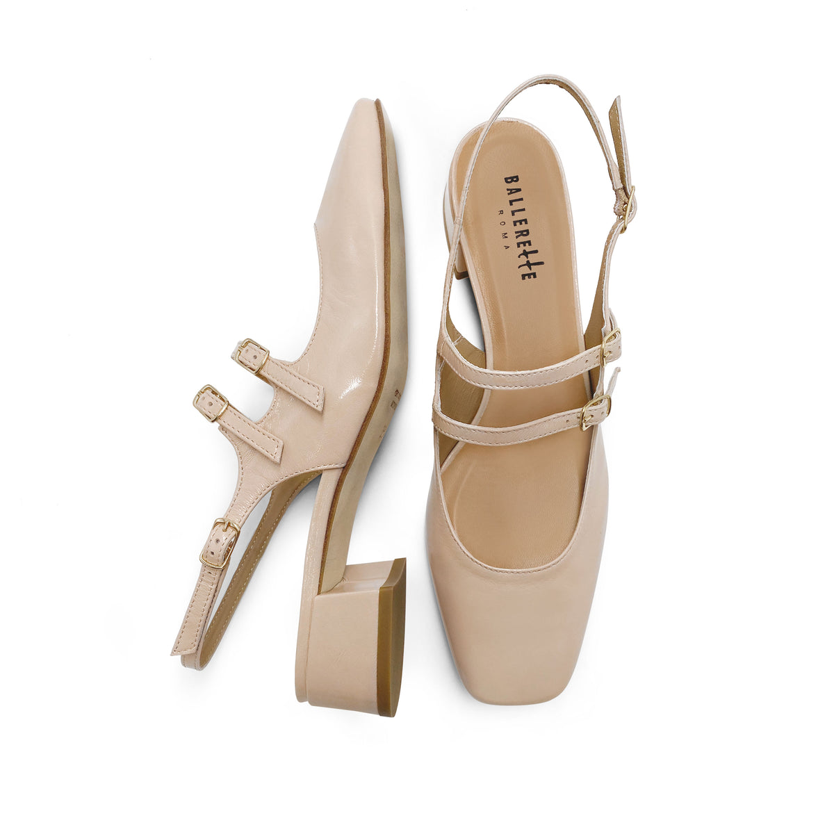 Ballerine slingback beige in pelle lucida con tacco