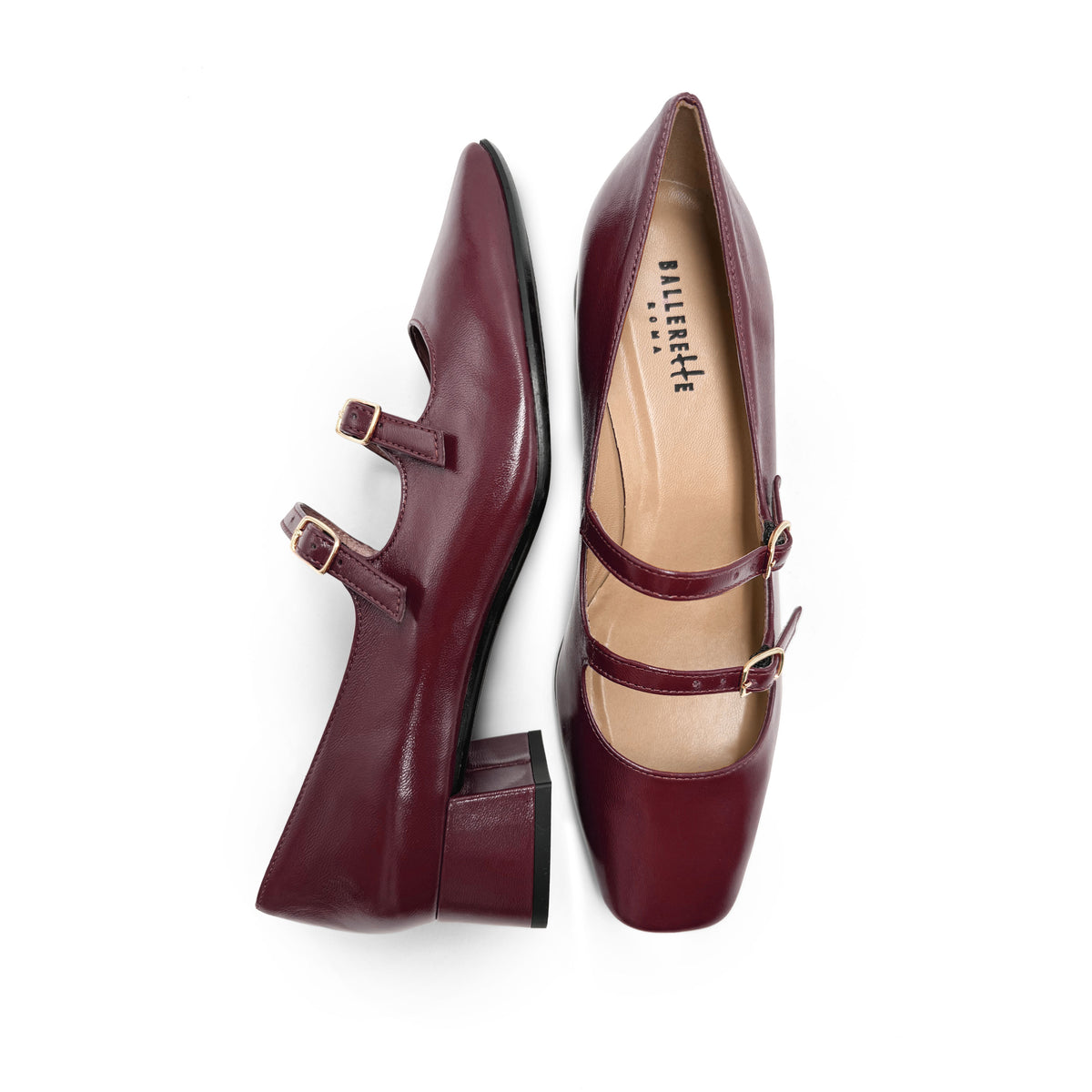 Ballerine Mary Jane bordeaux lucide con punta quadrata e cinturini