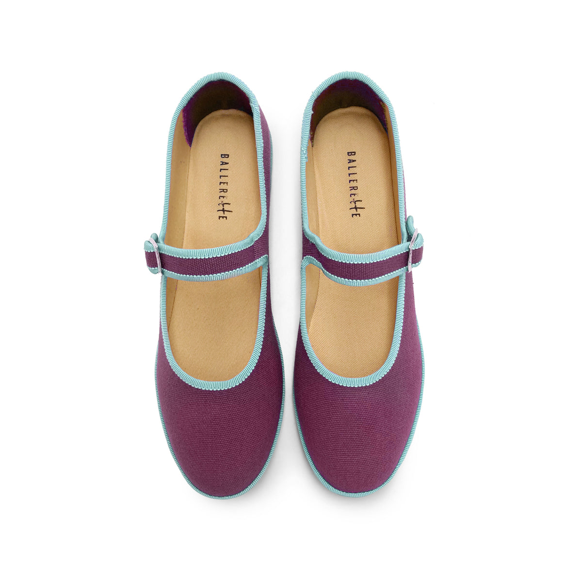 Ballerines friulane Mary Jane en coton violet avec détails bleu ciel