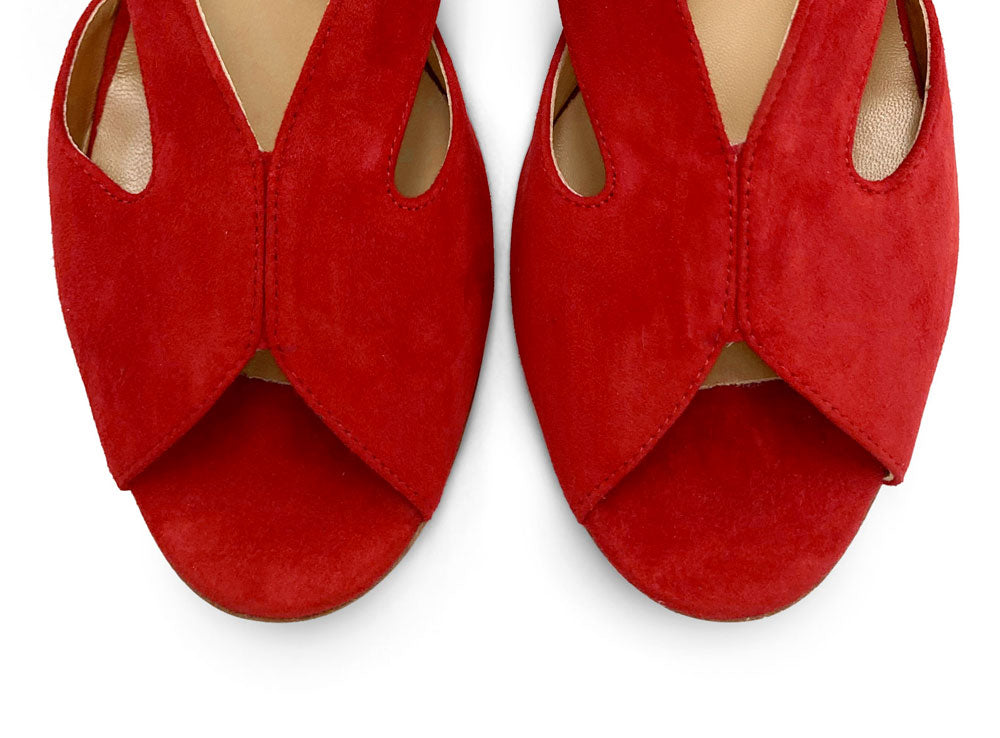 Rote Slingback-Pumps aus Wildleder mit Open-Toe und Absatz