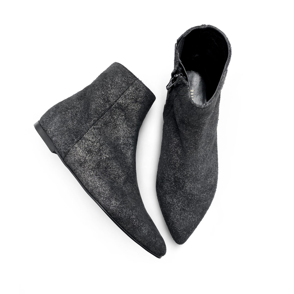 Black glittery suede boots with hidden wedge heel

