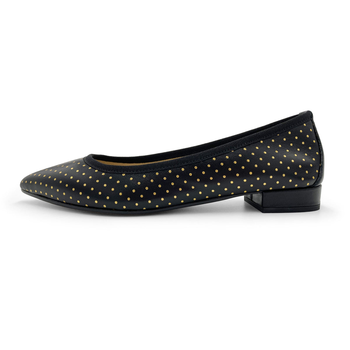 Ballerine a punta nere in pelle con micro pois oro