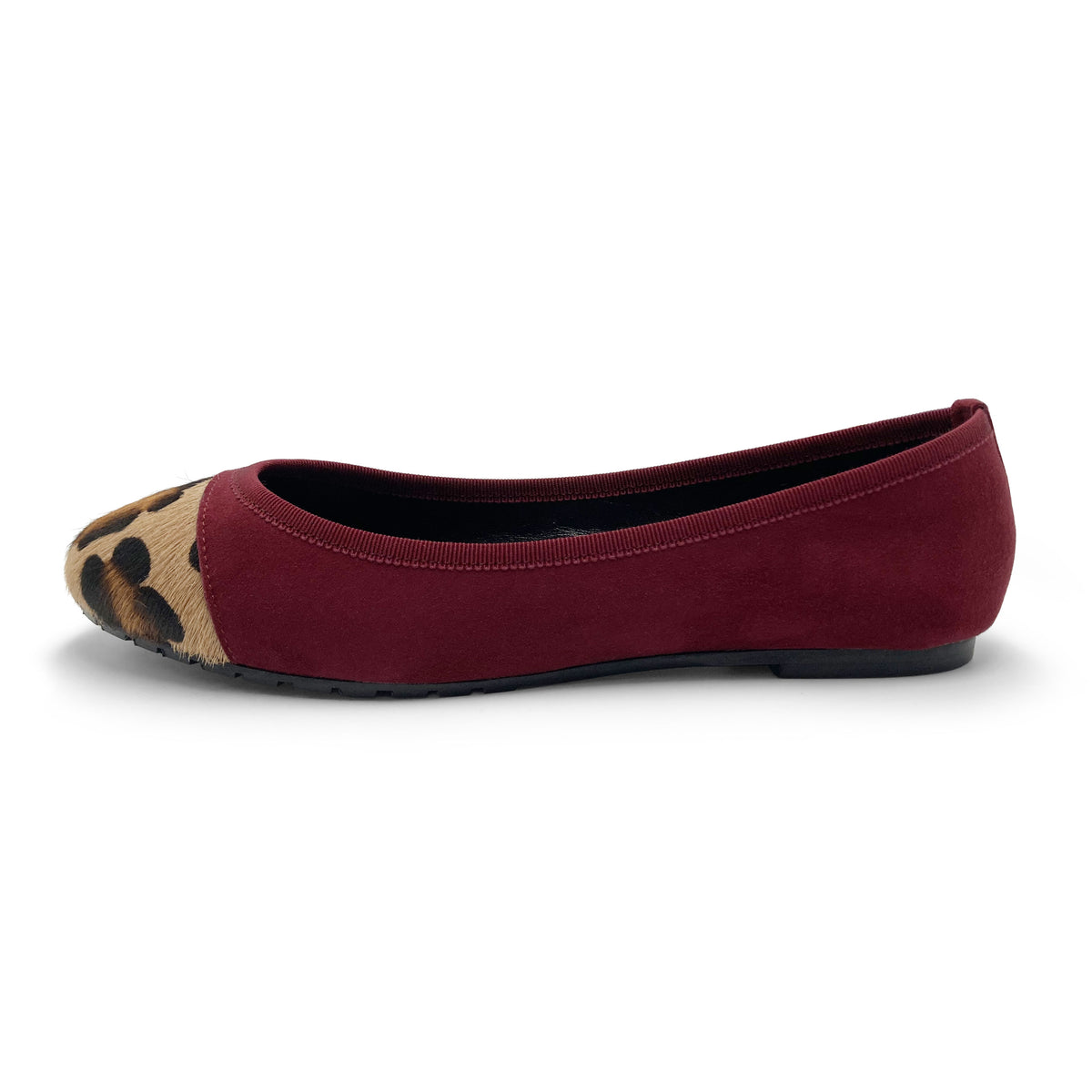 Burgunderfarbene Ballerinas aus Wildleder mit Spitze in gelfecktem Ponyfell