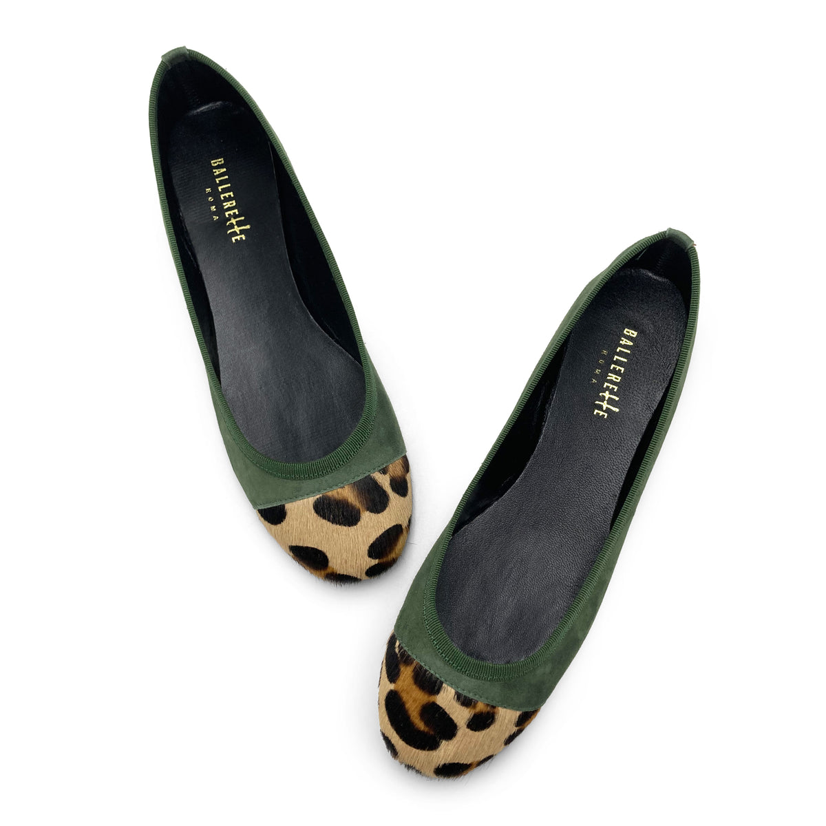 Ballerine verdi in camoscio con punta animalier