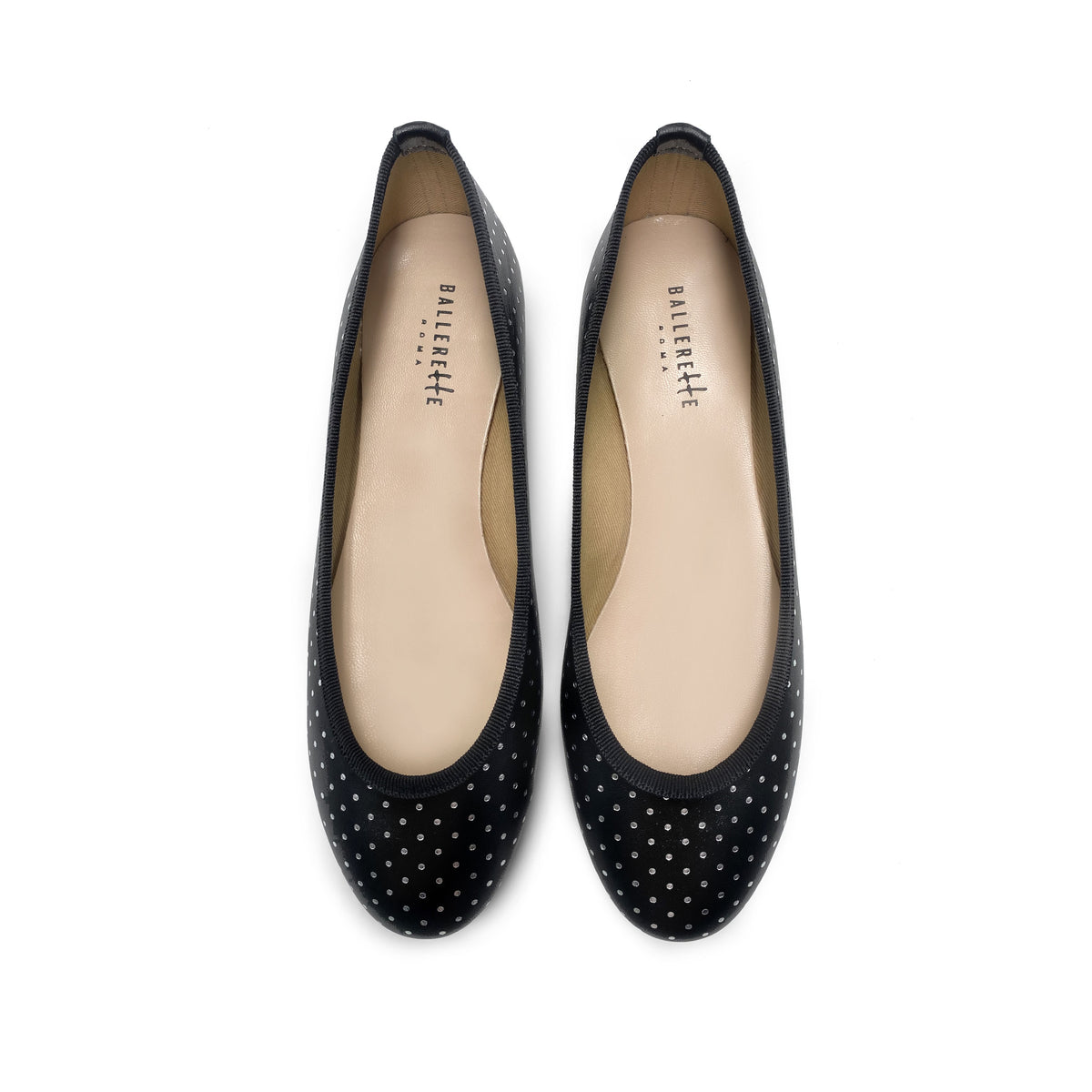 Ballerines en cuir noir à micro pois argentés