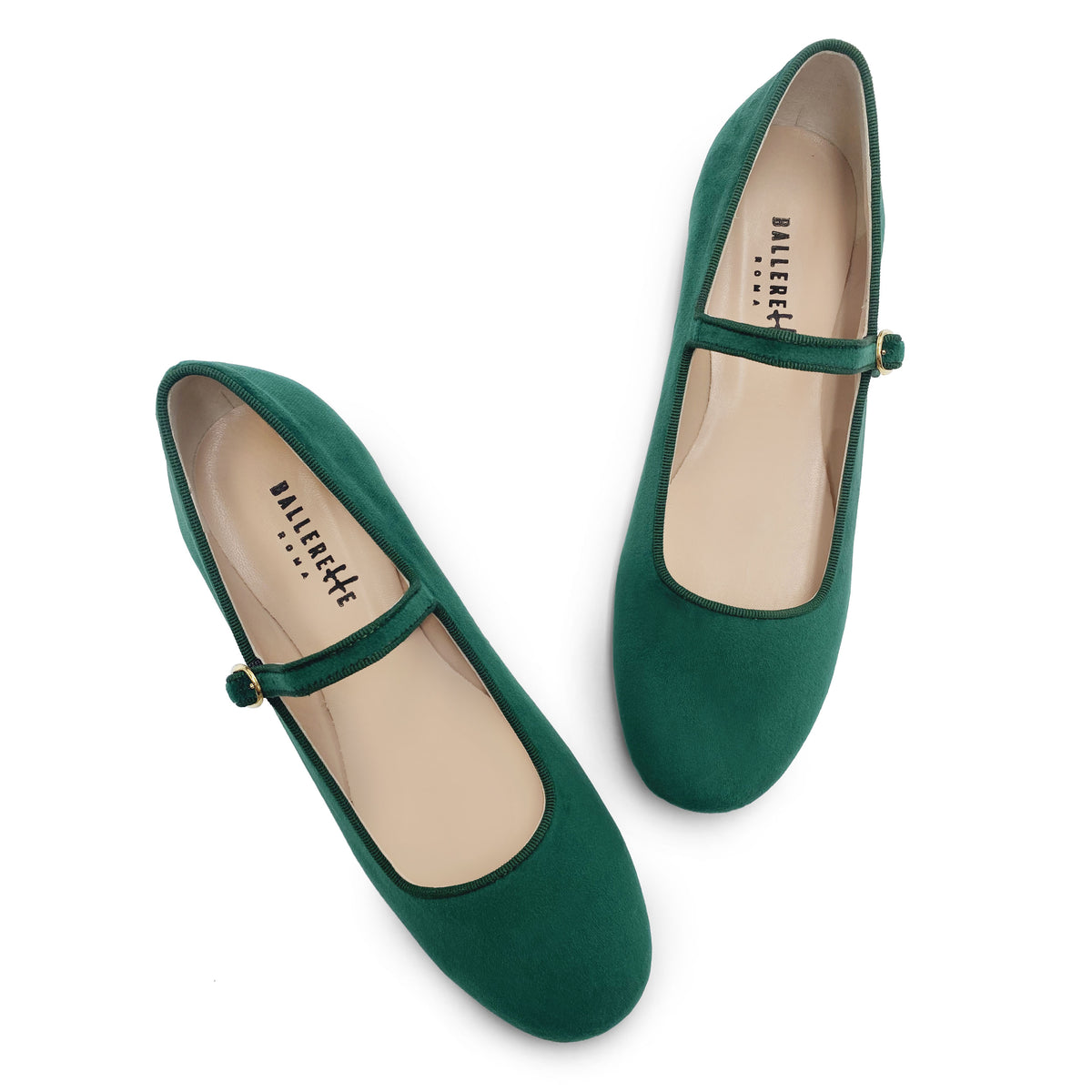 Grüne Ballerinas aus Samt mit Riemen