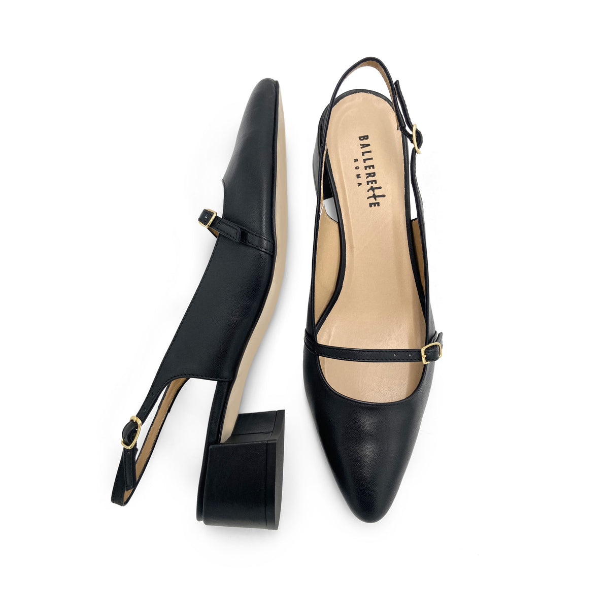 Ballerine Mary Jane slingback nere in pelle con tacco