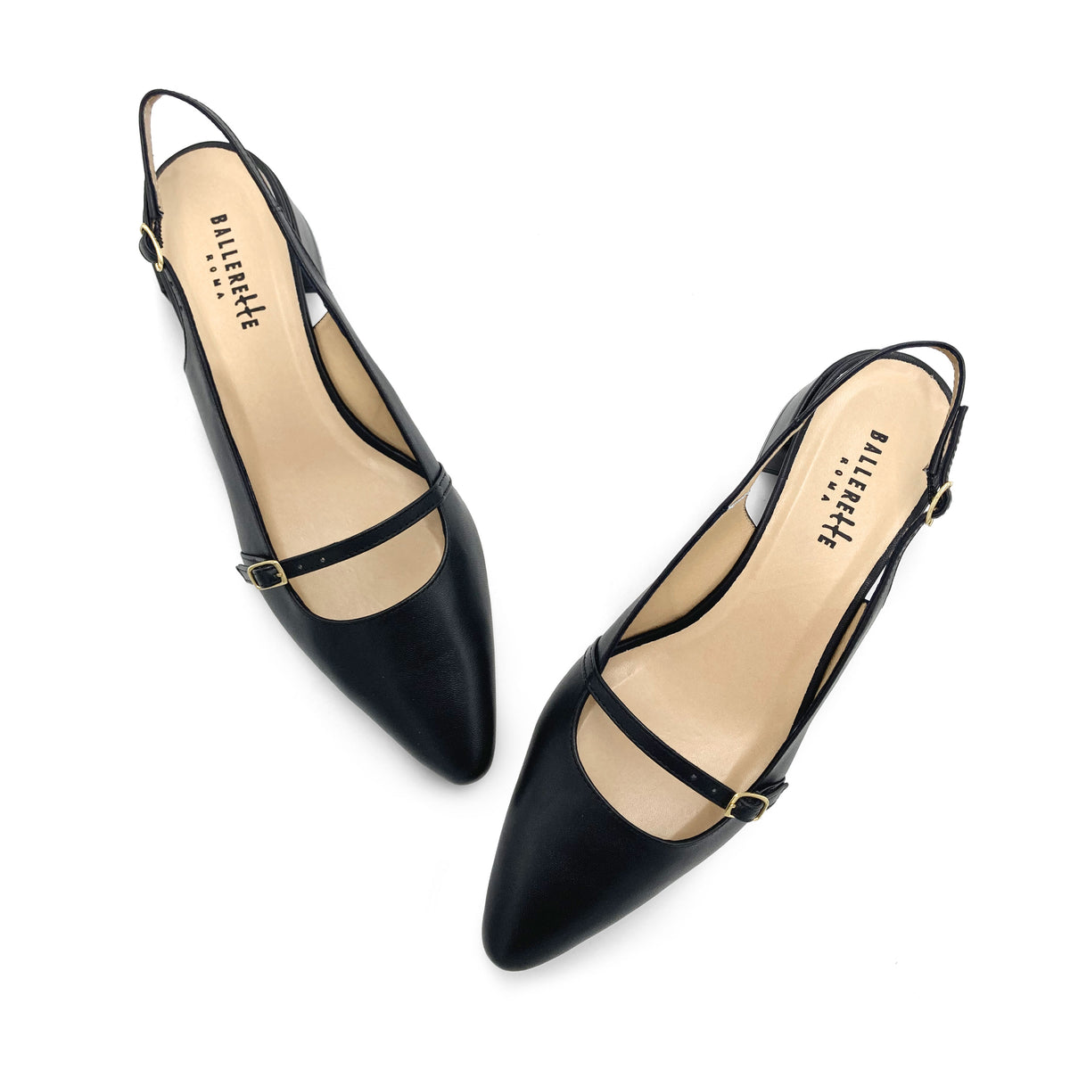 Schwarze Mary Jane Slingback Ballerinas aus Leder mit Absatz