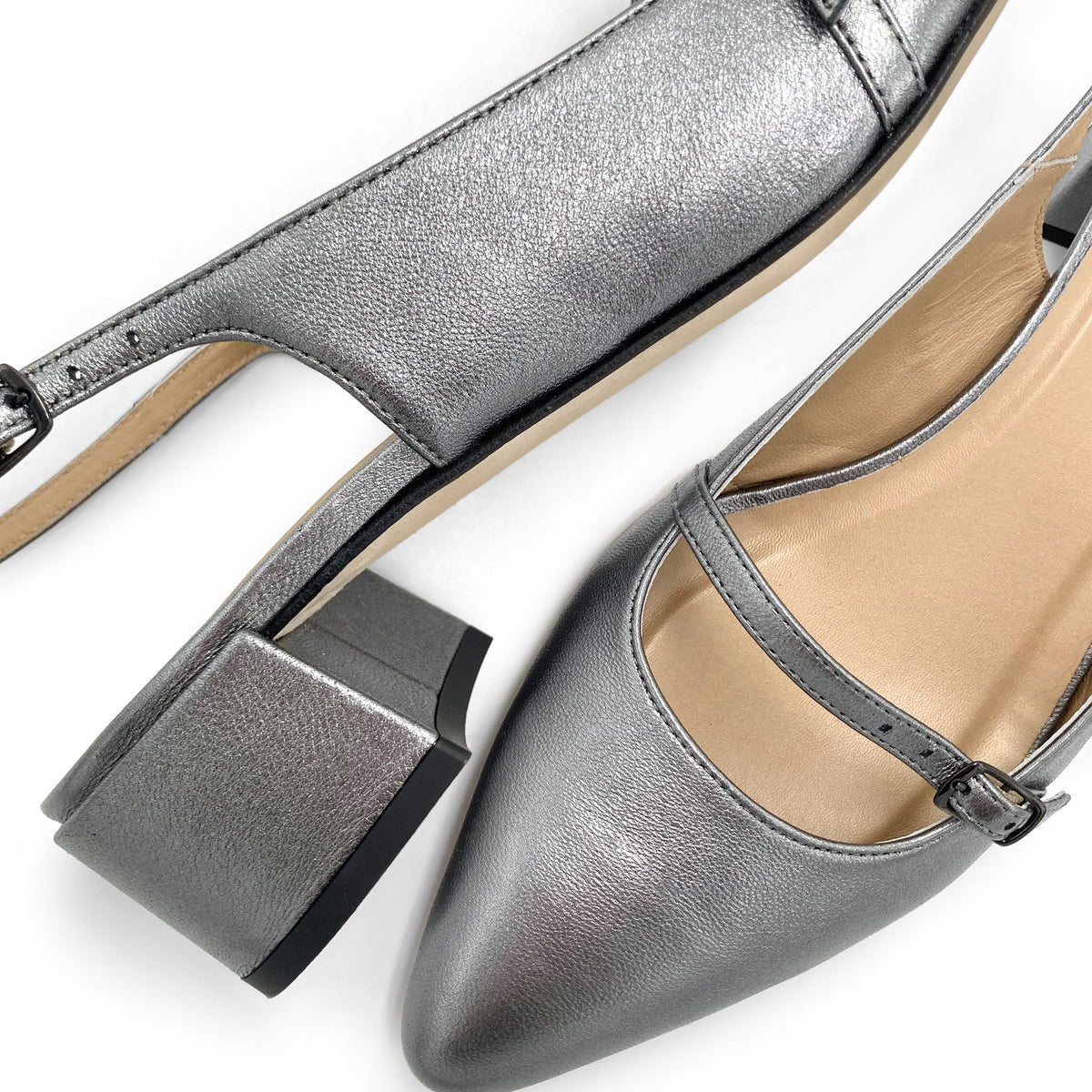 Ballerines Mary Jane slingback en cuir argent fer avec talon
