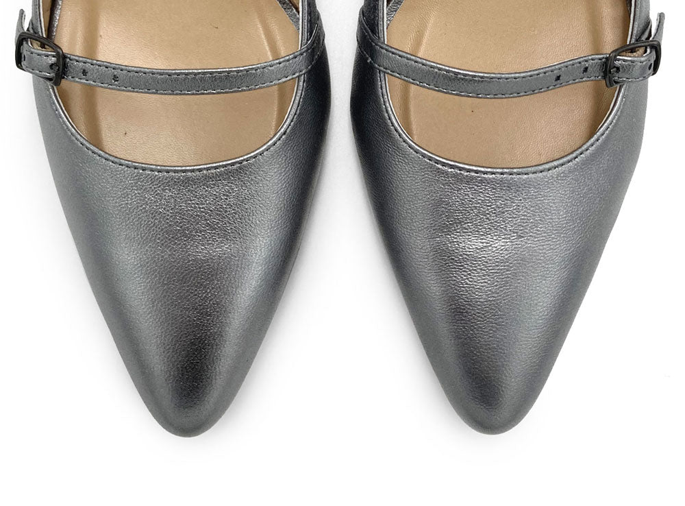 Ballerines Mary Jane slingback en cuir argent fer avec talon