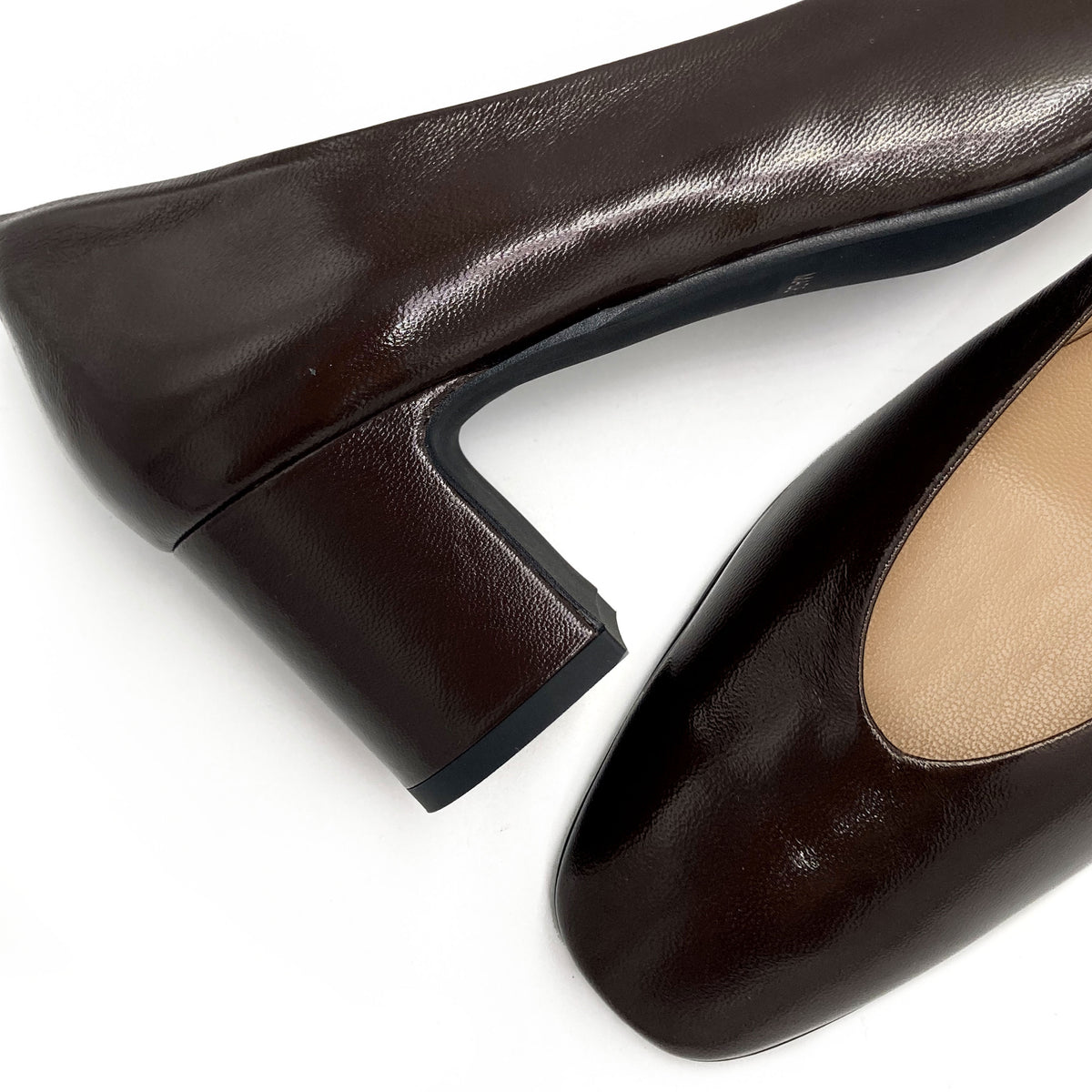 Brown patent leather ballet flats with square toe and comfortable high heel