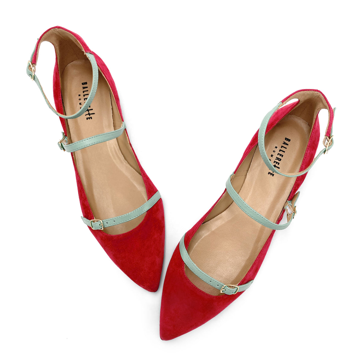 Ballerines pointues en daim rouge avec brides en vernis turquoise