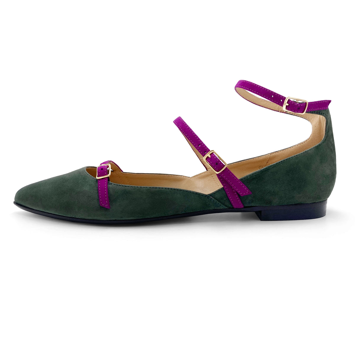 Ballerine a punta verdi in camoscio con cinturini peonia
