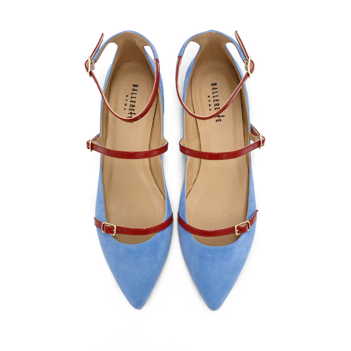 Ballerine a punta blu jeans in camoscio con cinturini rossi