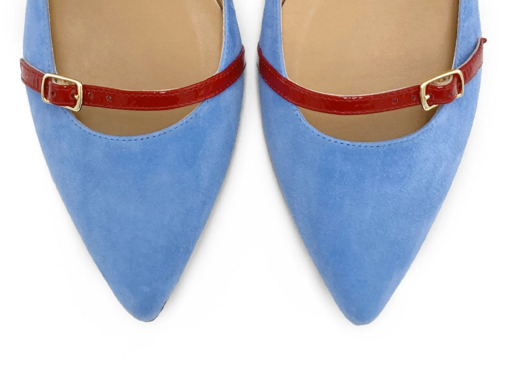 Denim blue suede pointed ballet flats with red straps