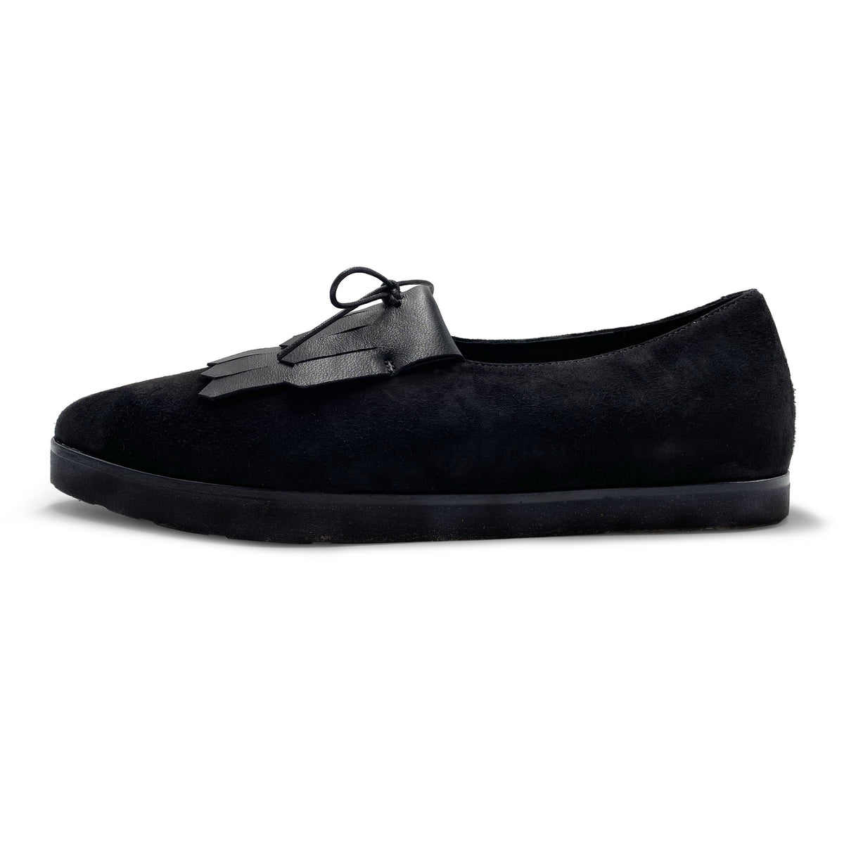 Brogues pour femmes en daim noir avec franges en cuir