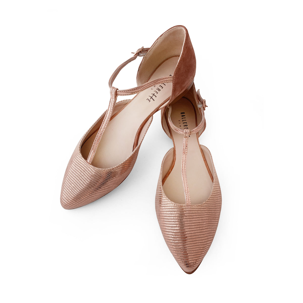 Ballerines à bride en T couleur poudre en daim laminé