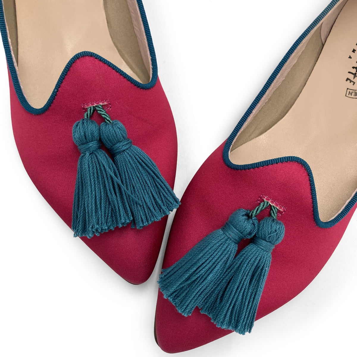 TT Go Green Collection - Mocassini donna fucsia in raso eco e nappine petrolio