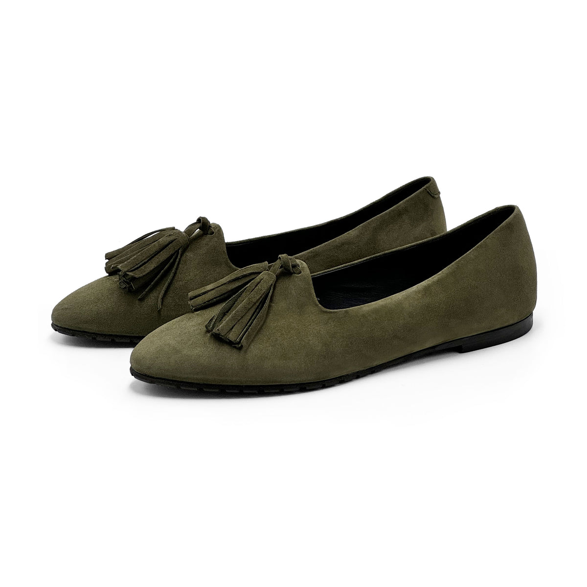 Mocassins femme en daim vert à pompons