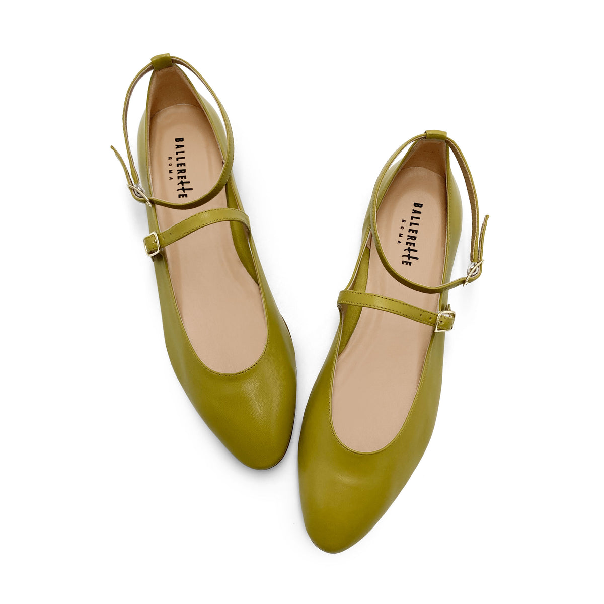 Olive green Mary Jane ballet flats with straps