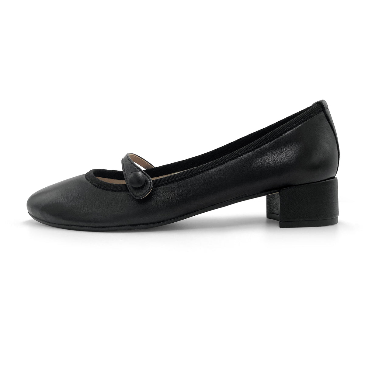 Ballerine Mary Jane nere in pelle con cinturino e tacco
