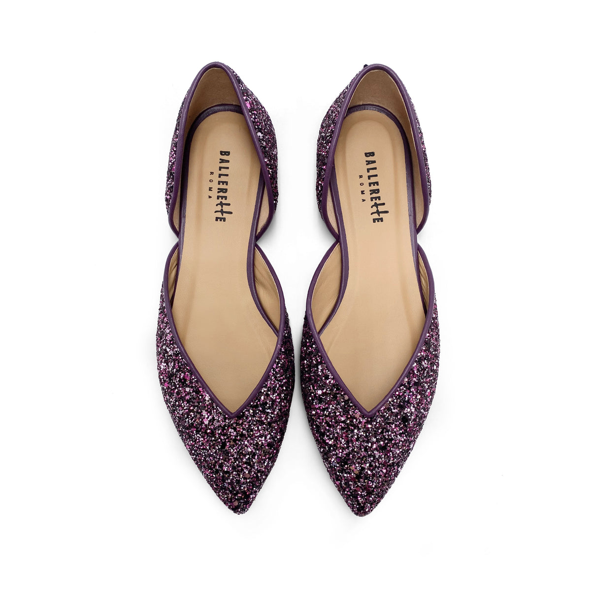 Open ballet flats in lilac glitter