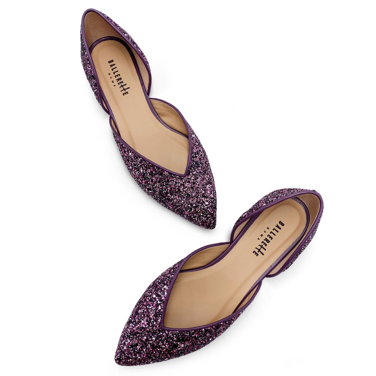 Open ballet flats in lilac glitter