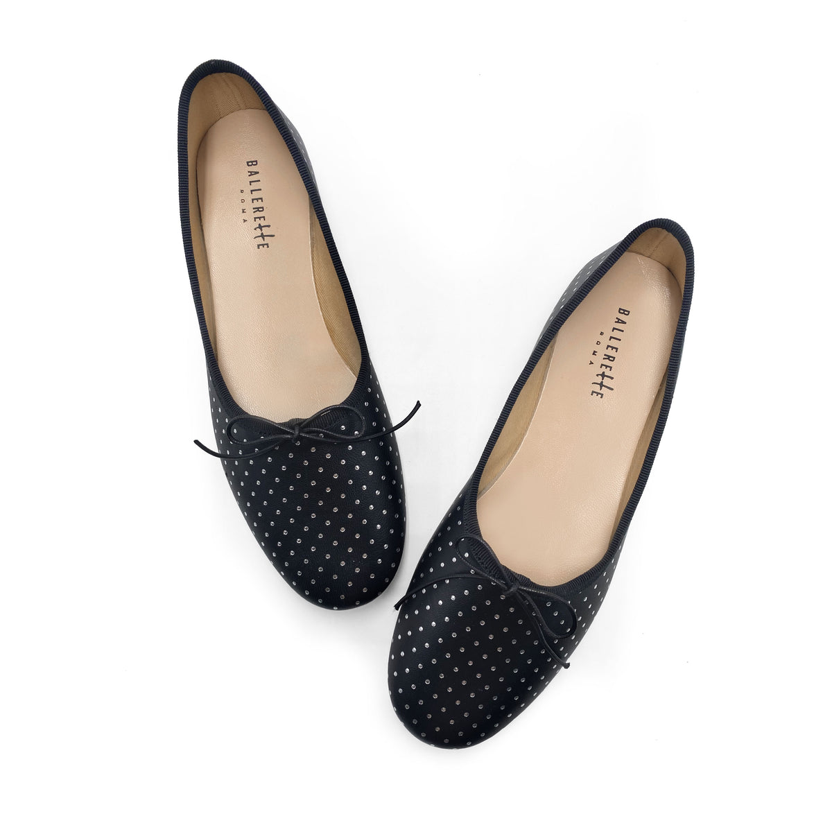 Ballerine accollate nere in pelle con micro pois argento